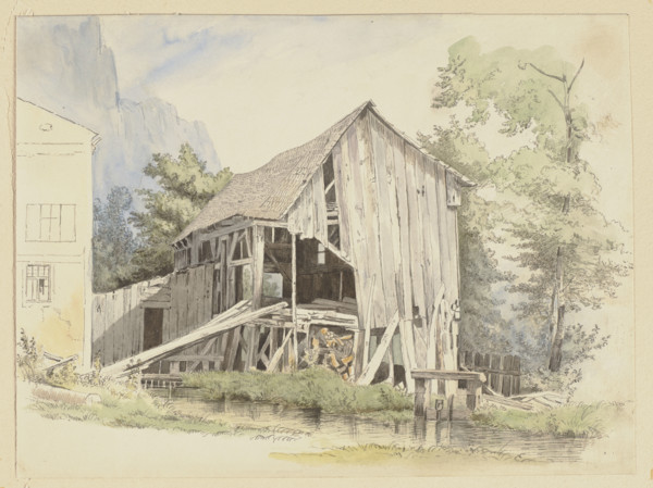 Barn by a stream, 1840. Creator: Ernst Ferdinand Oehme.