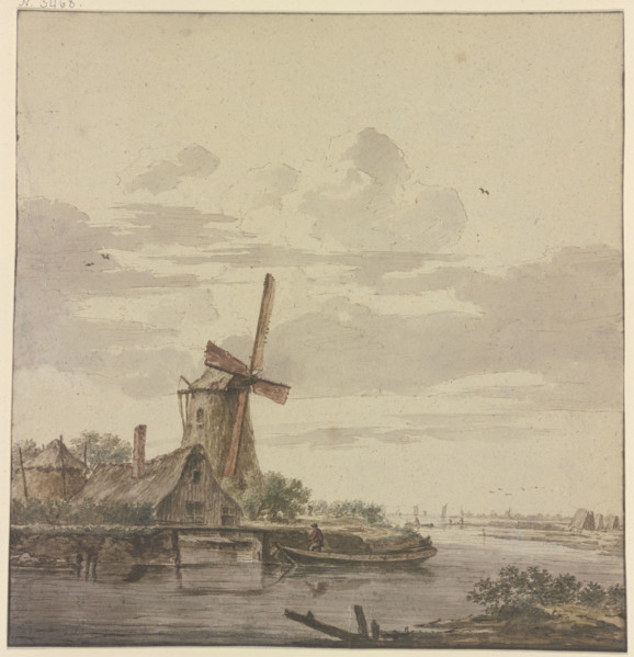 Small river flowing into the sea, a windmill on the left, 18th century. Creator: Hendrik Kobell.