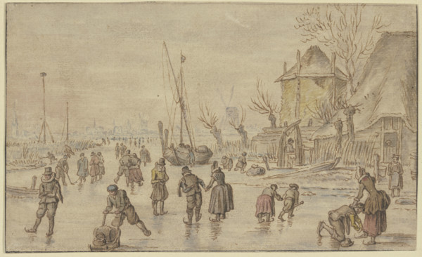Winter landscape, on the ice many skaters, on the right a man is putting skates..., 17th century. Creator: Hendrick Avercamp.