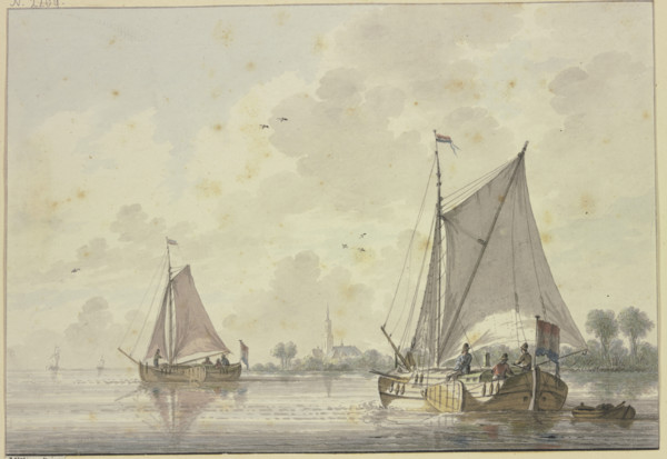 Two ships sailing on a very wide river, a church on the bank among the trees, 18th century. Creator: Nicolaas Wicart.