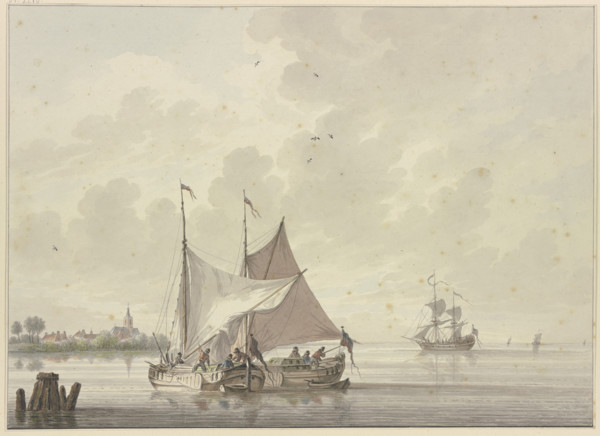 Two ships lie side by side, one is having its sail hoisted, four others in the..., 18th century. Creator: Nicolaas Wicart.