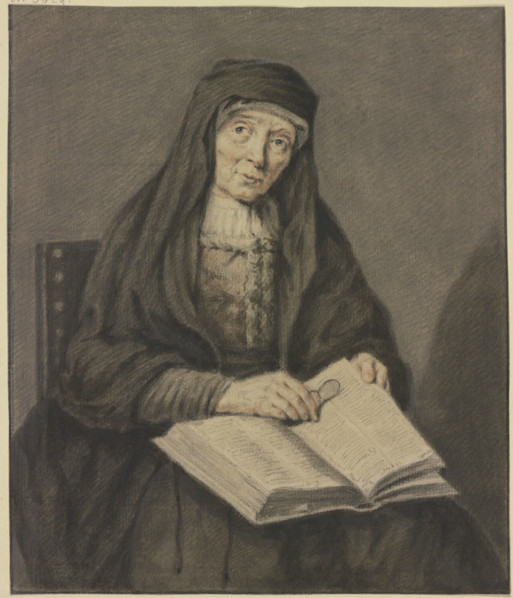 Old woman sitting reading a book, holding her glasses in her hand, half-length..., 17th-18th century Creator: Jean Pierre de Frey.
