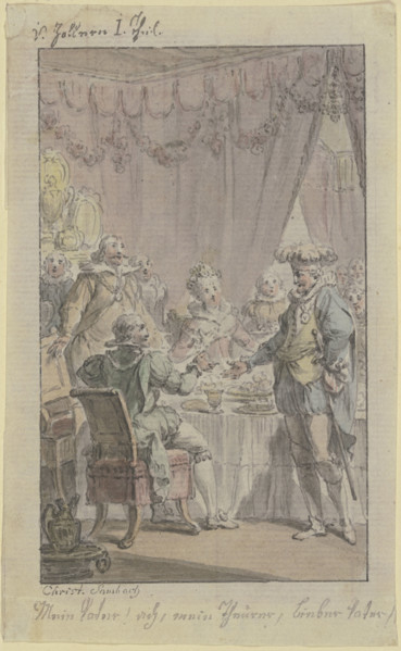Dinner scene: a knight approaches a laid table and greets a seated man, 18th century. Creator: Christian Sambach.