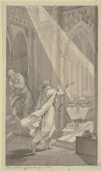 Two men in a medieval crypt next to a coffin, 18th century. Creator: Christian Sambach.