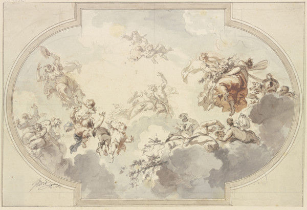 Many genii and Bacchantes float in clouds, early-mid 18th century. Creator: Jacob de Wit.
