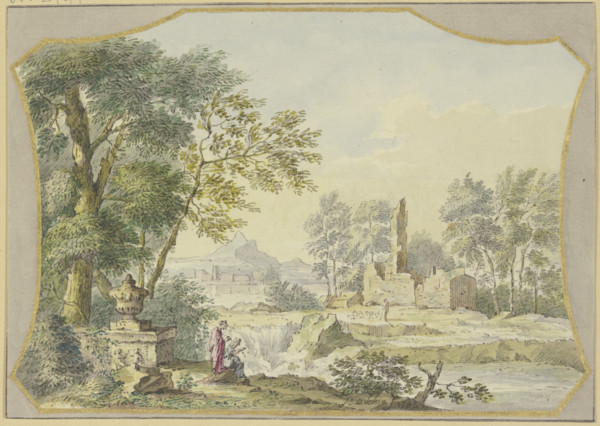 Landscape with ruins; to the left, by a vase under trees, two figures, 1764. Creator: Jacob van de Velde.