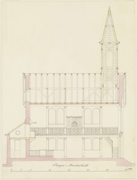 Longitudinal section through a church for the parish of Friedrichsdorf, 1825. Creator: Heinrich Hübsch.