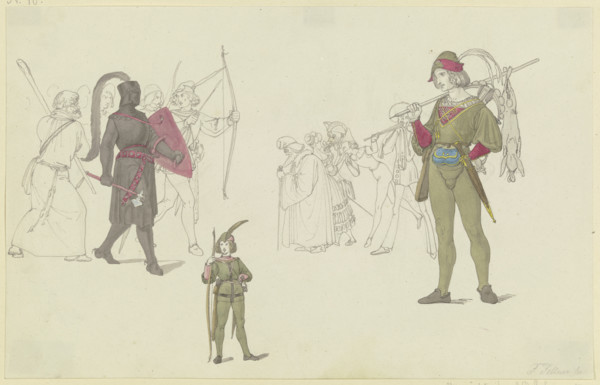 A black knight, archers, a hunter, and masked figures, early-mid 19th century. Creator: Ferdinand Fellner.