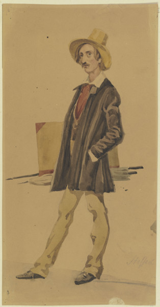 Standing painter with painting equipment (brushes, portfolio, umbrella), 19th century. Creator: Carl Constantin Heinrich Steffeck.