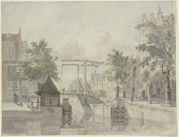 Canal with lock gate, a maid sweeps the street on the left, 18th century. Creator: Johannes Huibert Prins.