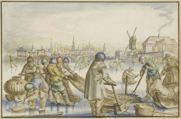 Winter landscape with many skaters, in the foreground fishermen pull a net from the ice, 16th cent. Creator: Claes Jansz Visscher the Elder.