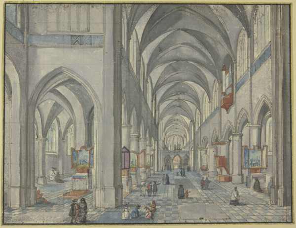 Interior of a Gothic church with many figures, 17th century. Creator: Hendrik van Steenwyck.
