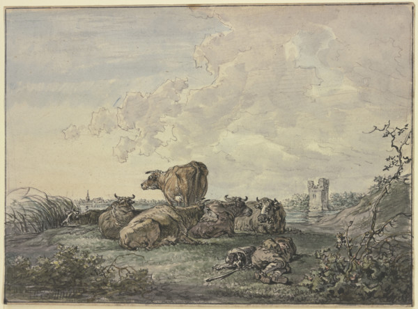 Sleeping shepherd and herd of cattle in a landscape, 18th century. Creator: Jacob van Strij.