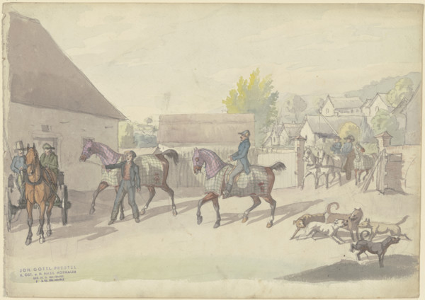 Manor house with horses and vehicles, 19th century. Creator: Johann Erdmann Gottlieb Prestel.