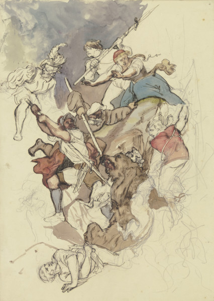 Bear hunt, mid-19th century. Creator: Rudolf Friedrich August Henneberg.
