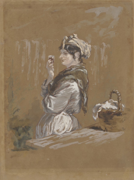 A woman leaning against a table with a small glass in her hand (washerwoman?). Creator: Paul Gavarni.