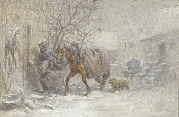Manor house in winter, a horse being led into the stable by the coachman, 19th century. Creator: Heinrich Winter.