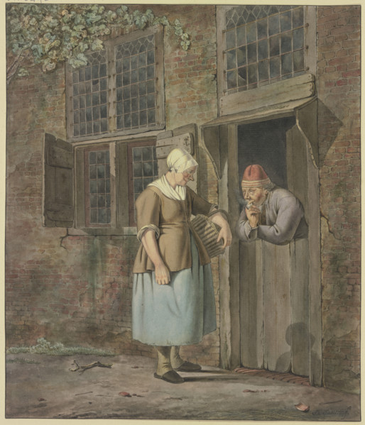 A man smoking at a front door speaks with a woman carrying a basket. Creator: Johannes Christiaan Janson.