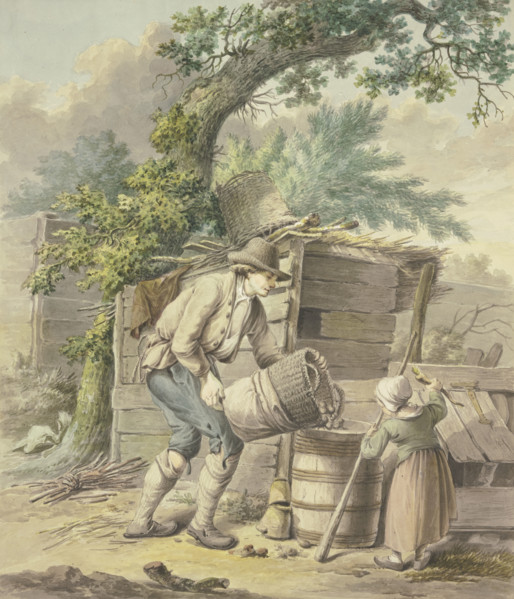 A farmer pours potatoes into a barrel, a child helps. Creator: Pieter Bartholomeusz. Barbiers.