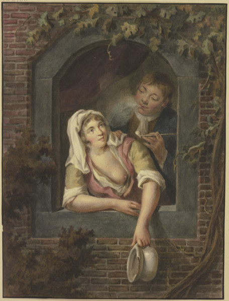 A woman with bare breasts empties a chamber pot out of a window, a young man smoking behind her.. Creator: Lambert Antoine Claessens.