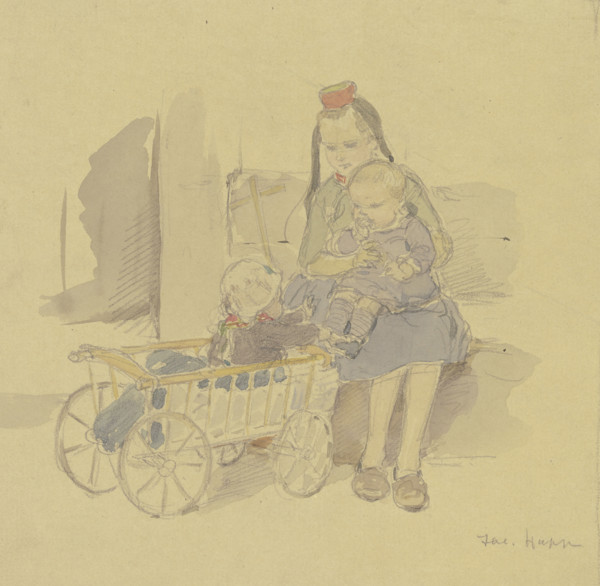 Three children with a cart, late 19th century. Creator: Jacob Happ.