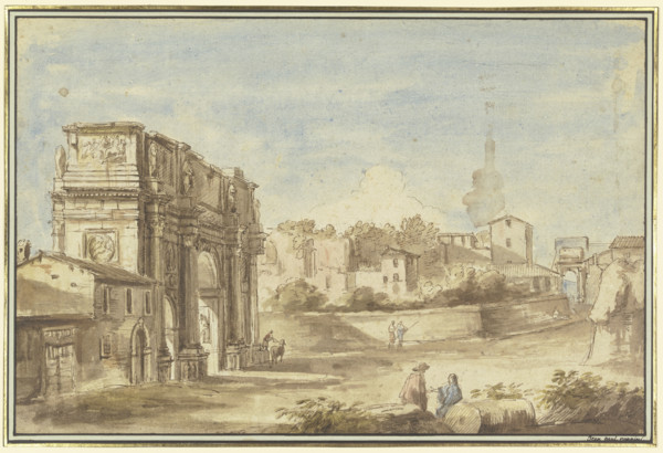 Roman scene with a triumphal arch (Arch of Constantine), 18th century. Creator: Giovanni Paolo Pannini?.