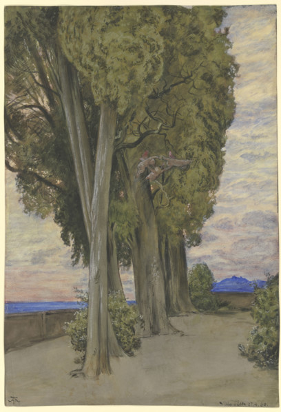 Cypresses in the Villa d'Este, a circle of three putti below the treetops, 1880. Creator: Hans Thoma.