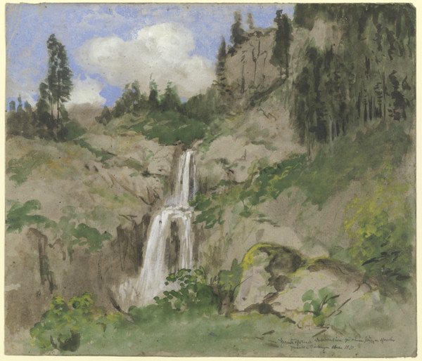 Landscape with a waterfall, (decoration for a puppet theater), 1870. Creator: Hans Thoma.