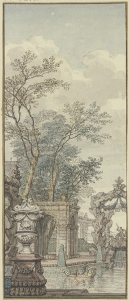 Panel, park view with waterworks and artificial rock, c1690s. Creator: Isaac de Moucheron.