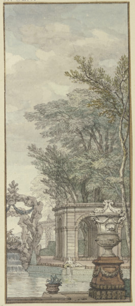 Panel, park view with waterworks and artificial rock, c1690s. Creator: Isaac de Moucheron.