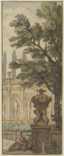 Panel, a vase in the foreground, an orangery in the background, c1690s. Creator: Isaac de Moucheron.