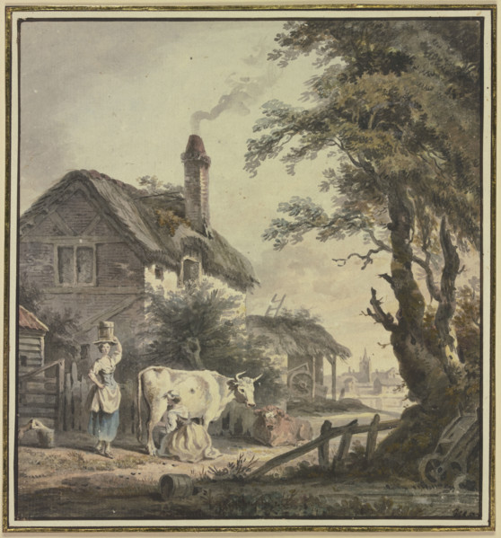 Women with cows in front of a farmhouse, 18th century. Creator: Netherlandish, 18th century;.