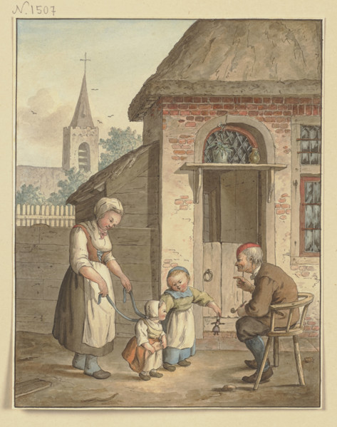 An old man sits in front of a house with a maid and two children, c1800-1844. Creator: Johann Friedrich Morgenstern.