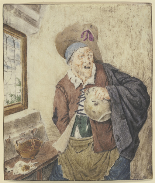 Ragged peasant by a window, holding a jug, 17th century. Creator: Cornelis Dusart.