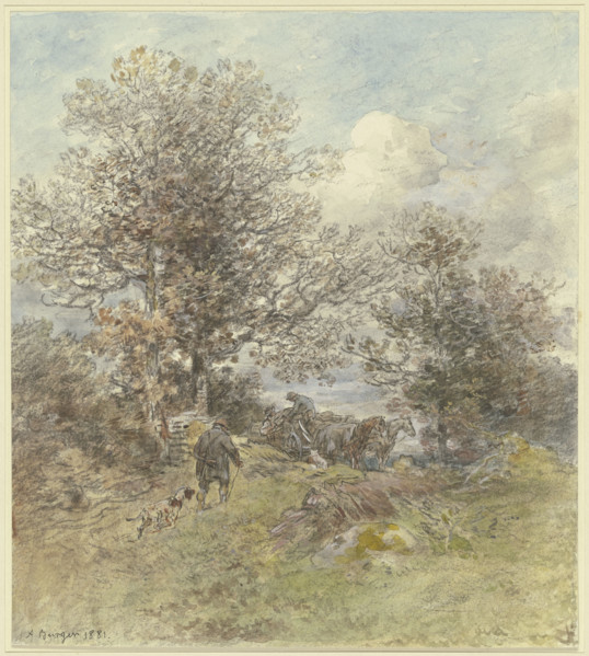 Landscape with a hunter and a farmer loading wood, 1881. Creator: Anton Burger.