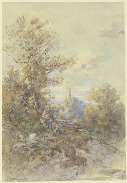 Landscape with a peasant woman, child, and the Eppstein ruins, 1892. Creator: Anton Burger.