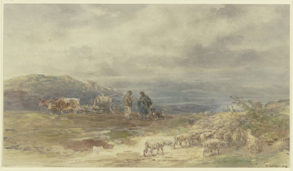 Landscape with a flock of sheep and an ox-drawn cart, 1881. Creator: Anton Burger.