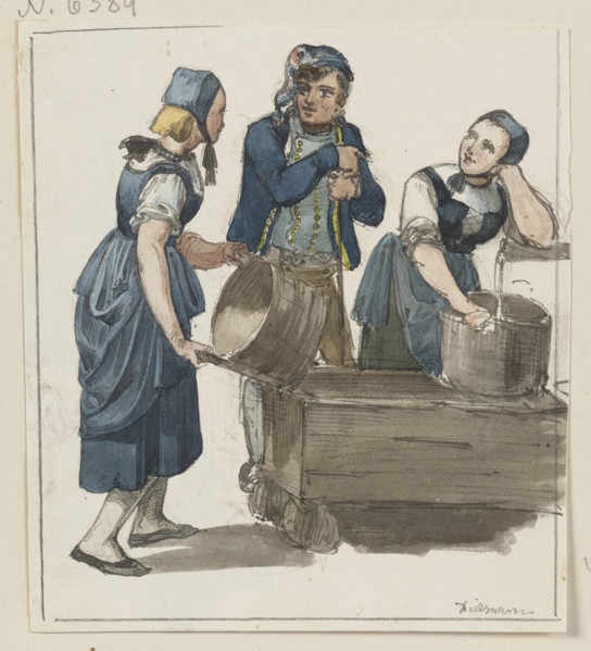 Two girls and a boy at a fountain, c1830-1880. Creator: Jakob Dielmann.
