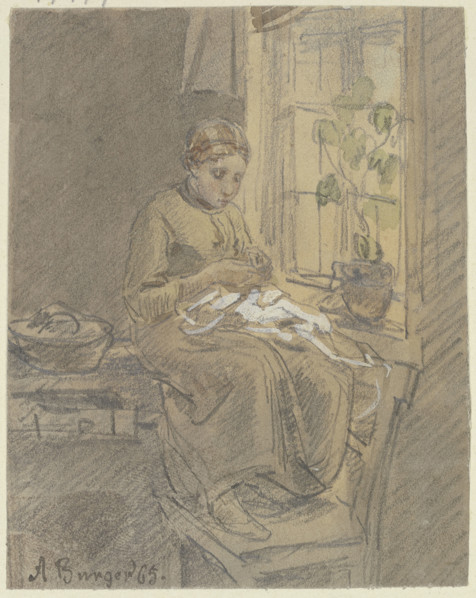Girl at the window threading a needle, 1865. Creator: Anton Burger.