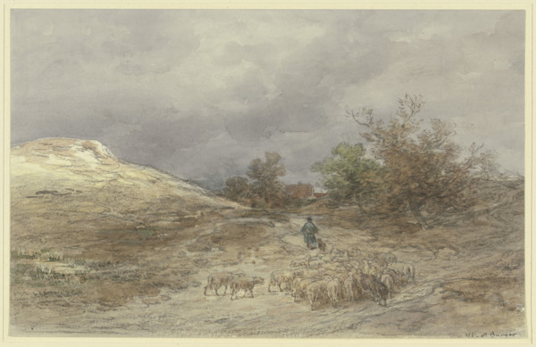 Sunken way with a flock of sheep near Kelsterbach, 1881. Creator: Anton Burger.