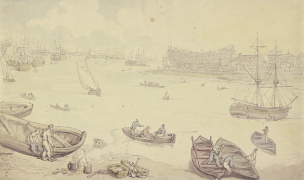 River with many ships and a shipyard, late 18th century. Creator: Thomas Rowlandson.