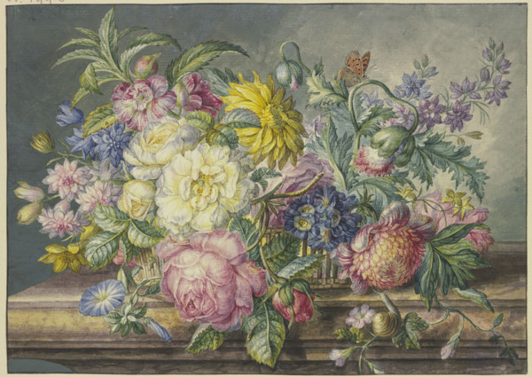 Bouquet in a basket, with a snail and a butterfly. Creator: Oswald Wijnen.