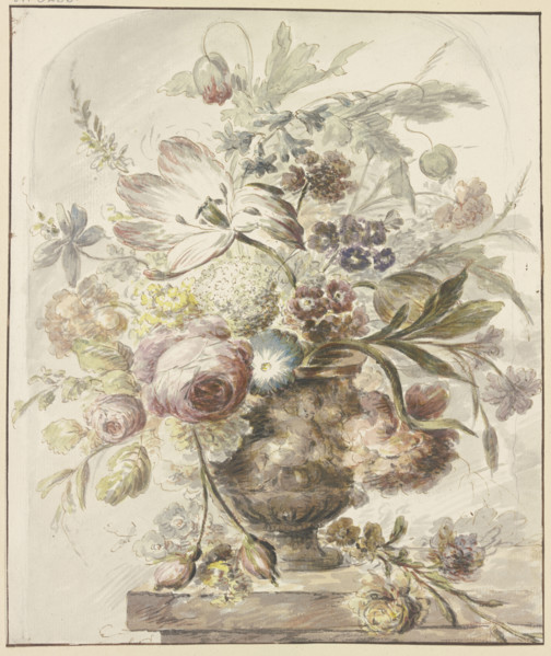 Bouquet in a vase with bas-relief, two rosebuds hang down on the left, 18th century. Creator: J. H. van Loon.