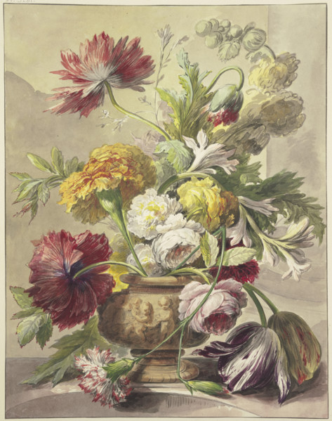 Bouquet in a vase with bas-relief of poppies, roses, tulips, a bent carnation..., 18th century. Creator: J. H. van Loon.