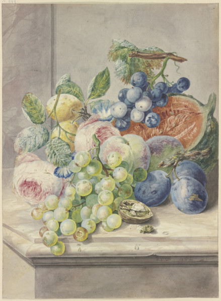 Fruit scene with a cut melon and two roses, grapes, peaches, plums, and a walnut, 1782. Creator: Paul Theodor van Brussel.
