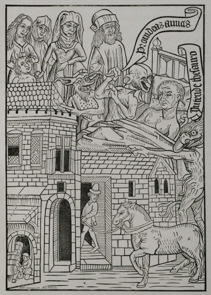 Medieval allegory of the temptation to avarice..., 1415, (1877).  Creator: Unknown.