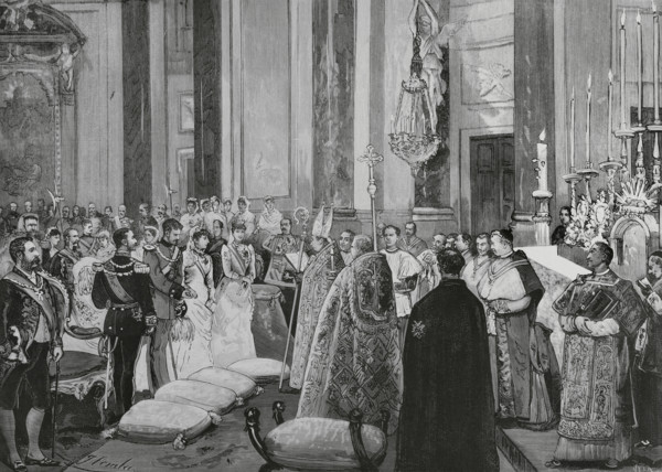 Ceremony of the nuptial blessing in the Royal Chapel of Infanta María de la Paz of Spain, 1883. Creator: Eugenio Vela.