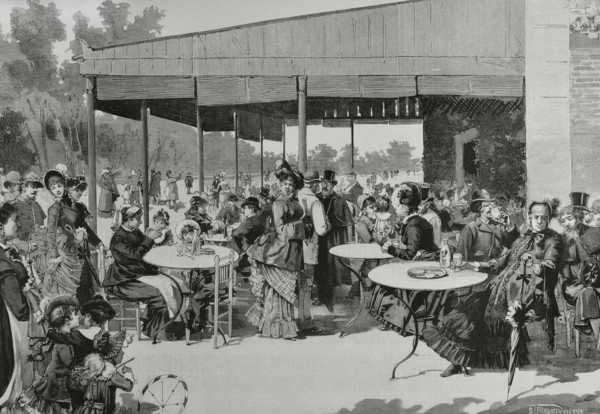 Scene at Retiro Park, featuring elegantly dressed people enjoying the afternoon, Madrid, Spain,1883. Creator: Bernardo Rico.