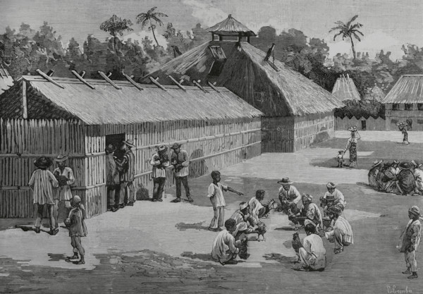 Natives of the countryside training the fighting cocks, Philippines, 1883.  Creator: Juan Comba García.