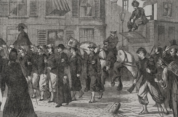 Franco-Prussian War (1870-1871): French press ambulance corps passing through Rheims, 1870. Creator: Unknown.